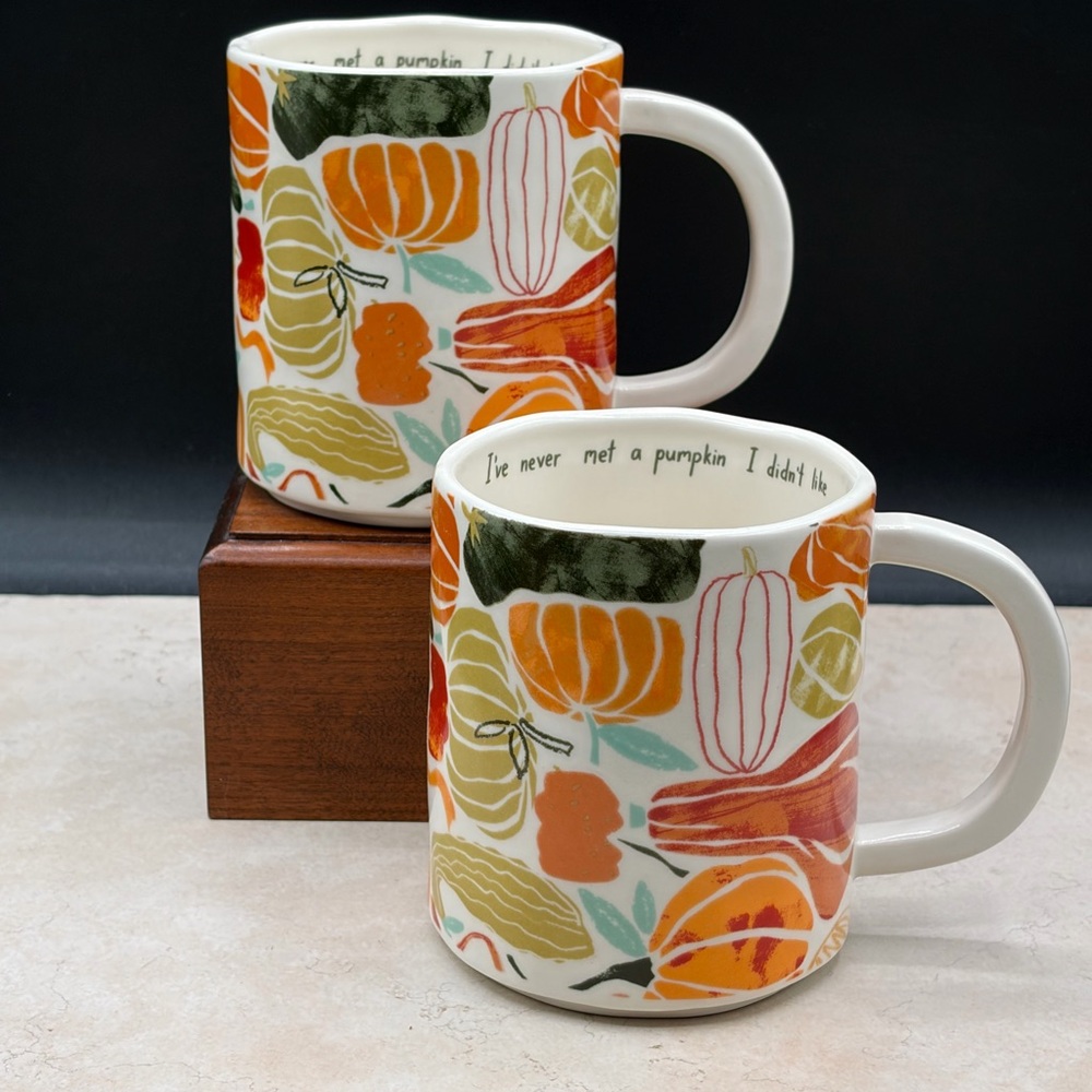 Set of 2 Anthropologie Pumpkin Harvest Mugs I Never Met A Pumpkin I Didn't Like